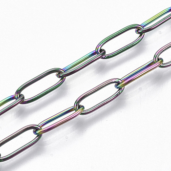 Ion Plating(IP) 304 Stainless Steel Paperclip Chains, Drawn Elongated Cable Chains, Soldered, Rainbow Color, 12x4x1mm, about 39.37 inch(1m)/strand
