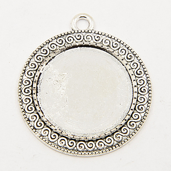 Tibetan Style Zinc Alloy Pendant Cabochon Settings, Cadmium Free & Lead Free, Antique Silver, Flat Round Tray: 25mm in diameter, 39x34.5x2mm, Hole: 3mm