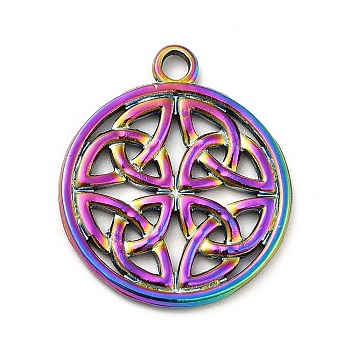 Ion Plating(IP) 201 Stainless Steel Pendants, Flat Round with Trinity Knot, Rainbow Color, 24x20.5x2mm, Hole: 2mm