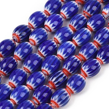 Handmade Millefiori Glass Oval Bead Strands, Chevron Beads, Single Flower Design, Blue, 13~13.5x10mm, Hole: 1.2~1.4mm, about 28pcs/strand, 13.98''~14.21''(35.5~36.1cm)
