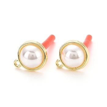 Alloy Stud Earring Findings, with 925 Sterling Silver Pin and ABS Plastic Imitation Pearl, with Loop, Half Round, Golden, 12.5x10.5mm, Hole: 1mm, Pin: 0.7mm