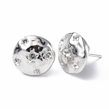 304 Stainless Steel Stud Earring Findings, with Rhinestone Settng and Ear Nuts, Flat Round with Star, Stainless Steel Color, Fit For 1~1.5mm Rhinetstone, 12.5~13mm, Pin: 0.7mm