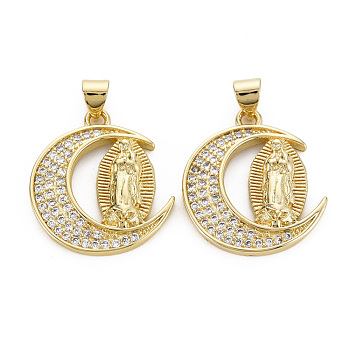 Brass Micro Pave Cubic Zirconia Pendants, Nickel Free, Moon with Virgin, Real 16K Gold Plated, 23.5x21x3.5mm, Hole: 3x5mm