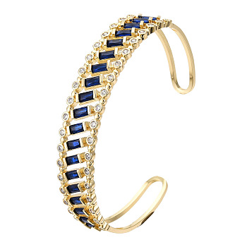 Cubic Zirconia Rectangle Open Cuff Bangle, Real 18K Gold Plated Brass Jewelry for Women, Nickel Free, Dark Blue, Inner Diameter: 2-1/2 inch(6.2cm)