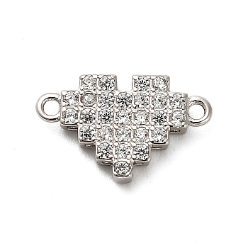 925 Sterling Silver Micro Pave Cubic Zirconia Connector Charms, Heart Charms, Rhodium Plated, Platinum, 8x13x2mm, Hole: 1mm