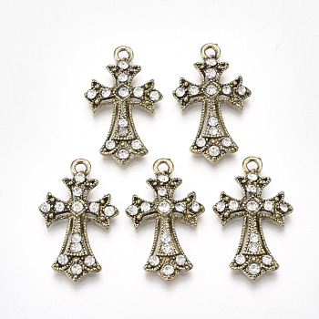 Tibetan Style Alloy Pendants, with Rhinestone, Cross, Crystal, Antique Bronze, 32x19.5x4.5mm, Hole: 2.5mm