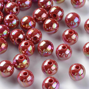 Opaque Acrylic Beads, AB Color Plated, Round, FireBrick, 10x9mm, Hole: 2mm, about 940pcs/500g