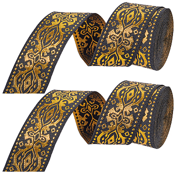 Ethnic Style Polyester Silk Grosgrain Ribbon, Double-Face, Floral Pattern, Black, 1/8 inch(3.3mm), about 7m/roll, 2 rolls