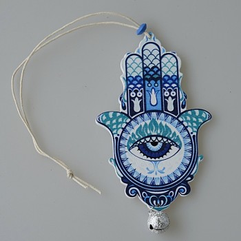 Wood Hamsa Hand/Hand of Miriam with Evil Eye Hanging Ornament, for Car Rear View Mirror Decoration, Dodger Blue, 100mm