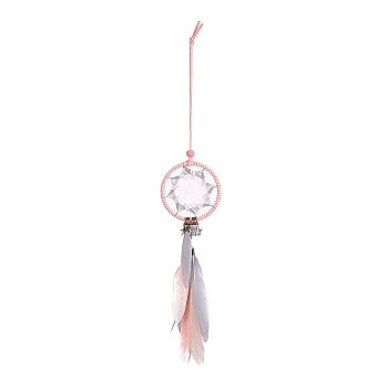 Handmade Round Leather Woven Net/Web with Feather Wall Hanging Decoration, with Iron Rings, Alloy Star Pendants & Wooden Beads, for Home Offices Amulet Ornament, Pink, 410mm