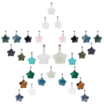 30Pcs 15 Colors Gemstone Pendants, with Platinum Tone Brass Findings, Star, 22~23x20~24x5~7mm, Hole: 2x7mm