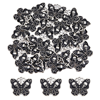 DICOSMETIC 24Pcs Alloy Enamel Pendants, Antique Silver, Butterfly with Skull Charm, Black, 20.5x23x4mm, Hole: 1.2mm