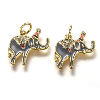 Brass Micro Pave Clear Cubic Zirconia Charms, Long-Lasting Plated, with Jump Rings & Colorful Enamel, Elephant Shape, Real 18K Gold Plated, 14x14x1.9mm, Hole: 3.3mm