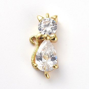 Brass Micro Pave Cubic Zirconia Kitten Links connectors, Cat, Clear, Golden, 18x8x5mm, Hole: 1.2mm