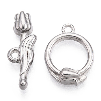 Non-Tarnish 304 Stainless Steel Toggle Clasps, Flower, Stainless Steel Color, Flower Ring: 17.5x13x3.5mm, Hole: 1.6mm, Bar: 22x8x4mm, Hole: 1.6mm