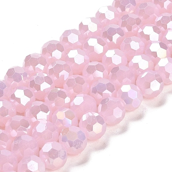 Imitation Jade Glass Beads Stands, AB Colors, Faceted, Round, Pink, 10x8.5~9mm, Hole: 1.6mm, about 67pcs/strand, 23.62 inch(60cm)