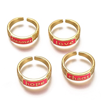 Brass Enamel Cuff Rings, Open Rings, Word, Real 18K Gold Plated, Long-Lasting Plated, Deep Pink, US Size 6, Inner Diameter: 17mm