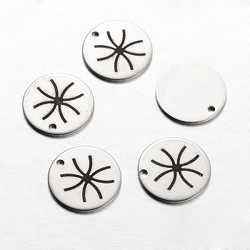 Spray Painted Stainless Steel Charms, Flat Round with Pattern, Stainless Steel Color, 14x1mm, Hole: 1mm