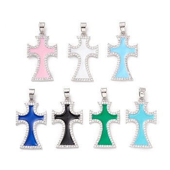 Rack Plating Brass Micro Pave Cubic Zirconia Pendants, with Enamel, Cadmium Free & Lead Free, Real Platinum Plated, Cross, Mixed Color, 28.5x17x1.5mm, Clasp: 6mm