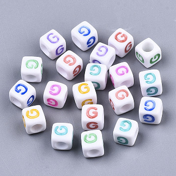 Opaque White Acrylic Beads, with Enamel, Horizontal Hole, Cube with Mixed Color Letter, Letter.G, 6x6x6mm, Hole: 3mm, about 2900pcs/500g