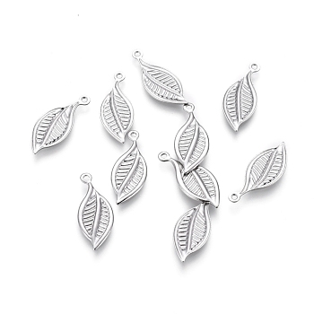 304 Stainless Steel Pendants, Leaf, Stainless Steel Color, 19x8x1mm, Hole: 1mm