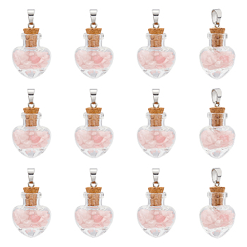 12Pcs Heart Glass Bottle with Rose Quartz inside Pendants, with 304 Stainless Steel Findings, 31x22x11mm, Hole: 7x4mm