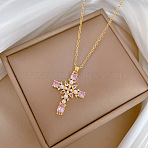 304 Stainless Steel Pave Pink Cubic Zirconia & Faux Pearl Cross Pendant Necklaces for Women, Golden, 15.75 inch(40cm)(WGAE7D3-01)