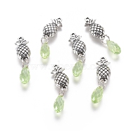 Antique Silver Plated Alloy Pendants, with Glass, Pineapple, Spring Green, 34x18.5x6mm, Hole: 1.6mm(PALLOY-L223-L01-AS)