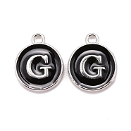 Platinum Plated Alloy Charms, Cadmium Free & Lead Free, with Enamel, Enamelled Sequins, Flat Round with Letter, Letter.G, 14x12x2mm, Hole: 1.5mm(X-ENAM-S118-02G-P)