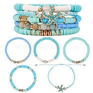 Round Stone & Polymer Clay Heishi Beads Stretch Bracelets Sets, Starfish Stackable Preppy Bracelets for Women, Aquamarine, Inner Diameter: 2-1/4~3-5/8 inch(5.6~9.3cm), 5pcs/set(BJEW-SZ0002-13)