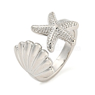 Starfish & Shell Rack Plating Brass Open Cuff Rings, for Women, Lead Free & Cadmium Free, Long-Lasting Plated, Platinum, US Size 8(18.1mm)(RJEW-N047-02P-RS)