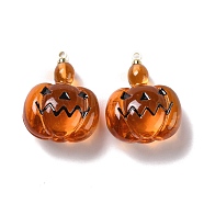 Halloween Pumpkin Transparent Resin Pendants, with Light Gold Tone Metal Loops, Pumpkin Jack-O'-Lantern, Sienna, 25.5x20x11.5mm, Hole: 1.6mm(RESI-B010-03B)