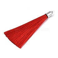Fiber Tassel Big Pendant Decorations, with Platinum Plated Brass Finding, Red, 70~73x7~25mm, Hole: 1.8mm(X-FIND-R085-016)