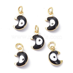 Brass Enamel Charms, Real 18K Gold Plated, with Jump Rings, Moon with Evil Eye, Cadmium Free & Lead Free, Black, 11x7x3.5mm, Hole: 2.6mm(KK-C218-01G-C)