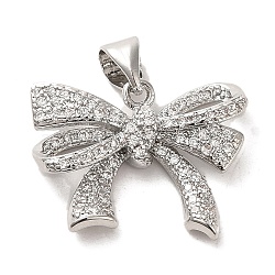 Brass Micro Pave Clear Cubic Zirconia Pendants, Bowknot, Platinum, 16x20x6mm, Hole: 4.5x4mm(FIND-Z041-07P)