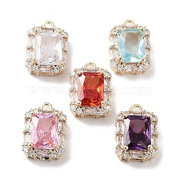 Brass Micro Pave Cubic Zirconia Charms, with Mixed Color Glass, Rectangle Charm, Real 18K Gold Plated, 13.5x9.5x5mm, Hole: 1.4mm(KK-F871-22G)