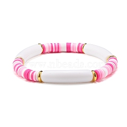 Curved Tube Acrylic Beads Stretch Bracelet for Teen Girl Women, Disc Polymer Clay Beads Bracelet, Pink, Inner Diameter: 2-1/8 inch(5.5cm)(BJEW-JB06942)