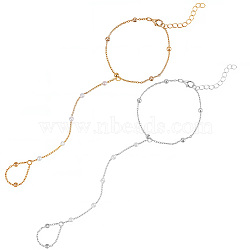 2Pcs 2 Colors Alloy Satellite Chains Finger Ring Bracelets for Women, with Plastic Pearl, Platinum & Golden, 7 inch(17.7cm) long+5.05cm extender, 1pc/color(BJEW-CY0001-09)