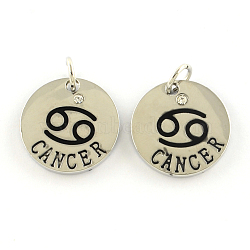 Alloy Pendants, with Rhinestone, Flat Round, with Constellation/Zodiac Sign, Platinum, Cancer, 22x2.5mm, Hole: 5.5mm(X-PALLOY-S083-07P)