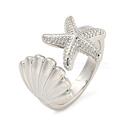 Starfish & Shell Rack Plating Brass Open Cuff Rings, for Women, Lead Free & Cadmium Free, Long-Lasting Plated, Platinum, US Size 8(18.1mm)(RJEW-N047-02P-RS)