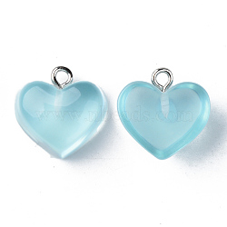 Transparent Resin Pendants, with Platinum Tone Iron Loop, Heart, Light Sky Blue, 16.5x17x9.5mm, Hole: 1.8mm(RESI-R429-30J)