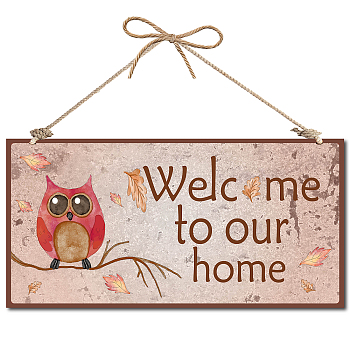 Printed Wood Hanging Wall Decorations, for Front Door Home Decoration, with Jute Twine, Rectangle with Word, Pale Violet Red, 30x15x0.5cm, Rope: 40cm