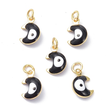 Brass Enamel Charms, Real 18K Gold Plated, with Jump Rings, Moon with Evil Eye, Cadmium Free & Lead Free, Black, 11x7x3.5mm, Hole: 2.6mm