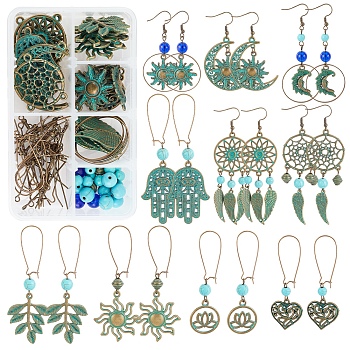 SUNNYCLUE DIY Vintage Drop Earring Making Kit, including Alloy Pendants & Links & Cabochon Settings & Beads, Brass Linking Rings & Earring Hooks & Hoop Earring Finding, Synthetic Turquoise & Glass Beads, Iron Pin, Antique Bronze, 122pcs/box