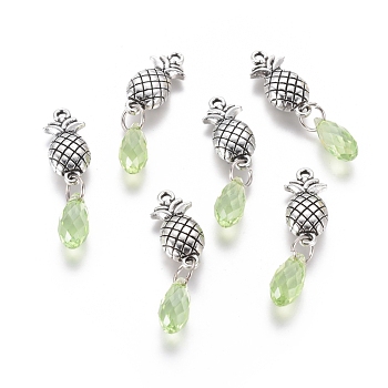 Antique Silver Plated Alloy Pendants, with Glass, Pineapple, Spring Green, 34x18.5x6mm, Hole: 1.6mm