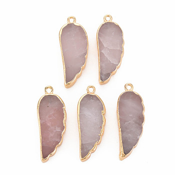 Natural Rose Quartz Pendants, with Light Gold Plated Iron Loop, Wing, 33~33.5x12~13x5~6mm, Hole: 1.8mm