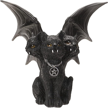 Resin Three Head Cat with Wing Figurine, for Halloween Party Home Desk Decoration, Black, 155x71x150mm