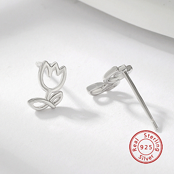 Sterling Silver Stud Earrings, Tulip Flower Earrings for Women, Silver, 8x5mm