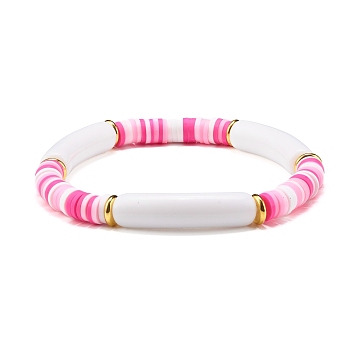 Curved Tube Acrylic Beads Stretch Bracelet for Teen Girl Women, Disc Polymer Clay Beads Bracelet, Pink, Inner Diameter: 2-1/8 inch(5.5cm)