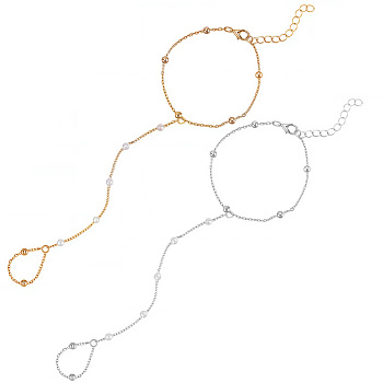 2Pcs 2 Colors Alloy Satellite Chains Finger Ring Bracelets for Women, with Plastic Pearl, Platinum & Golden, 7 inch(17.7cm) long+5.05cm extender, 1pc/color